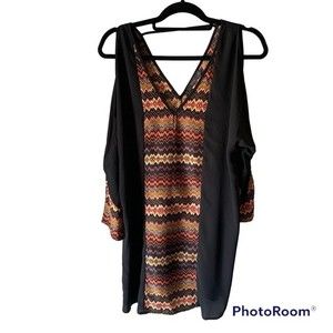 THML Black Tribal Zig-Zag Cold Shoulder Tunic Top/Mini Dress Lightweight in Sz M